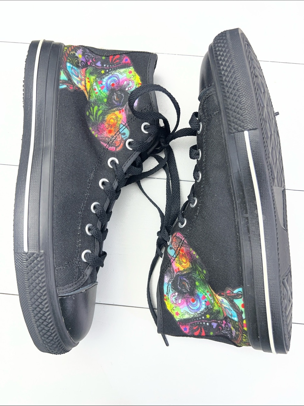 Black Multicolor Puppy Print Bootie Sneakers Womens 7 Lace Up‎